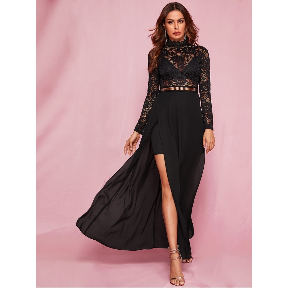 High Neck Lace Detail Black Maxi Dress